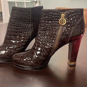 Tory Burch croc skin boots in brown
